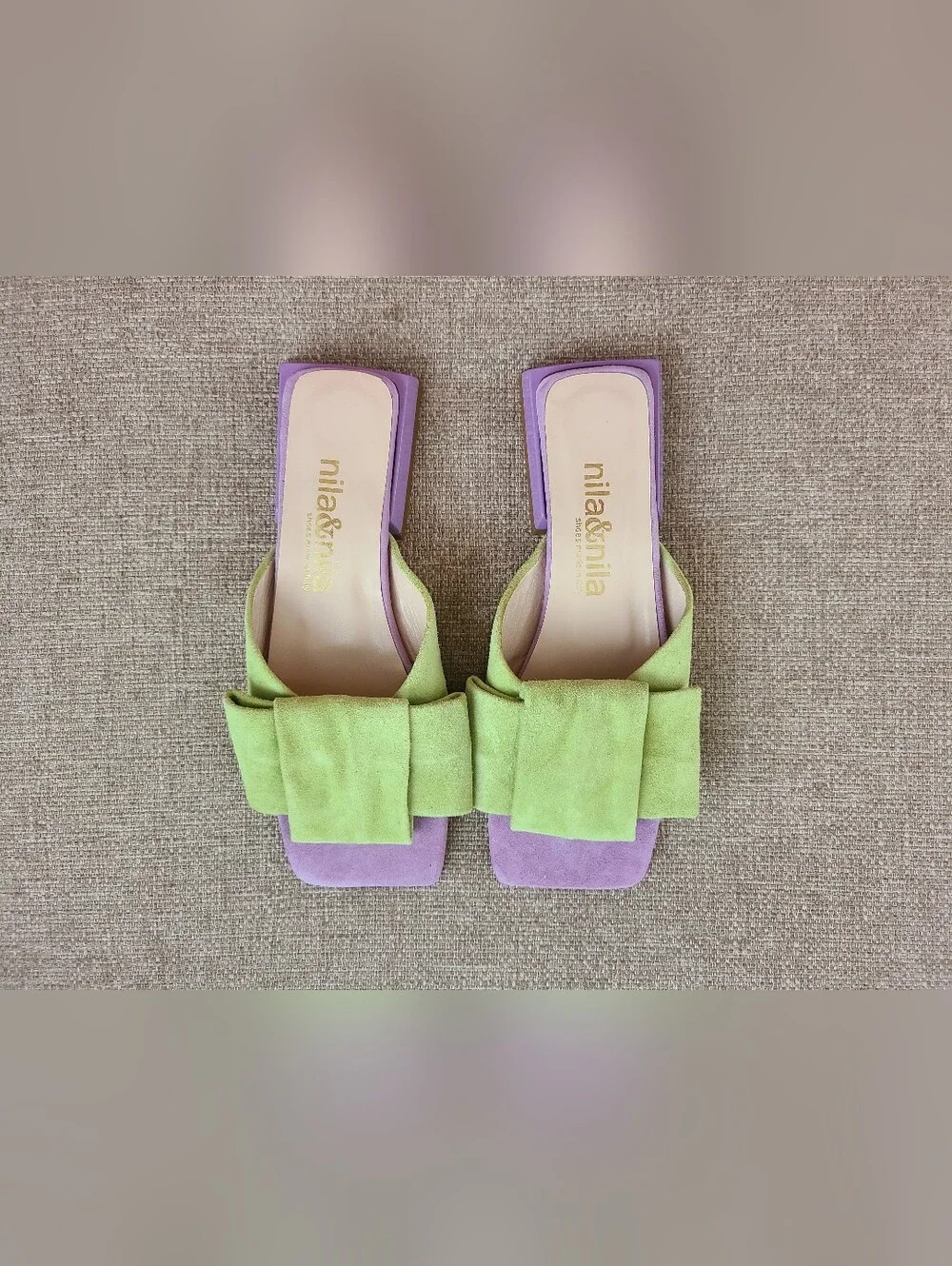 Nila & Nila ltaly Block Heel Bow Slides Green Purple NEW SIZE 5.5